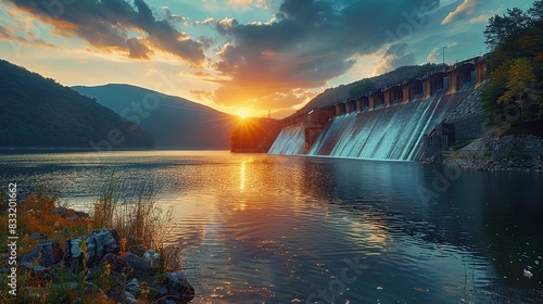 Green technology with a hydroelectric dam generating power in a serene landscape photo