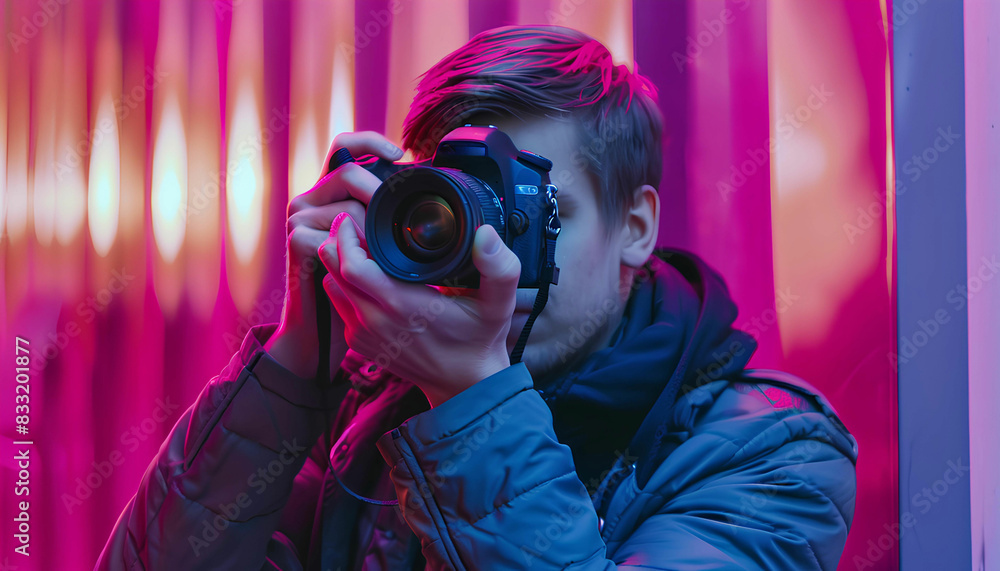 Professional photographer taking photos with a pro camera isolated on pastel background , copy space, temple design, World Photography Day concept Professional photographer taking photos with a pro camera isolated on pastel background , copy space, temple design, World Photography Day concept