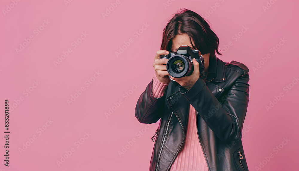 Professional photographer taking photos with a pro camera isolated on pastel background , copy space, temple design, World Photography Day concept Professional photographer taking photos with a pro camera isolated on pastel background , copy space, temple design, World Photography Day concept