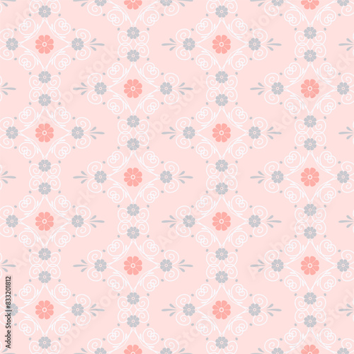 Seamless pattern with white swirls and small flowers on pastel pink background. Abstract geometric pattern. (ID: 833201812)
