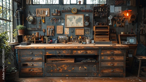 Detailed focus on a wooden workbench featuring an organized chaos of tools, raw wood, and art pieces, with a blurred workshop environment in the background. © LuvTK