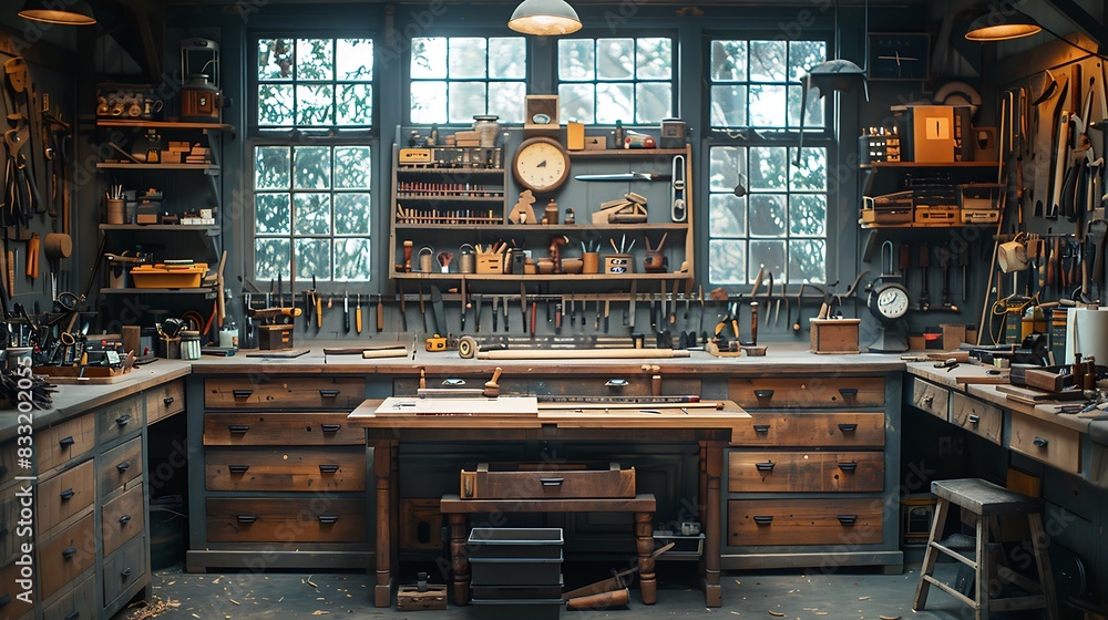 Intimate view of a craftsman's workbench with an assortment of tools ...