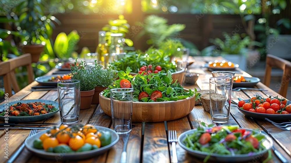 The serene setup of a summer garden meal on a wooden table featuring an array of colorful plates and a bowl of fresh salad, with a blurry. The serene setup of a summer garden meal on a wooden table featuring an array of colorful plates and a bowl of fresh salad, with a blurry.