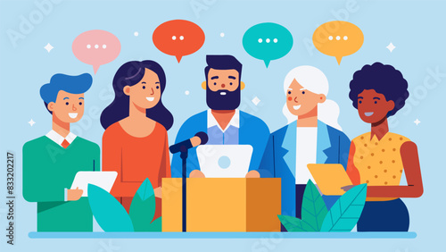 A panel of successful individuals share their personal stories of overcoming challenges and offer advice and inspiration to workshop attendees.. Vector illustration