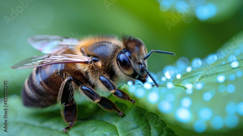 A bee is on a leaf  looking at the camera. The image has a calm and peaceful mood  as the bee is not in a hurry and is simply enjoying the moment
