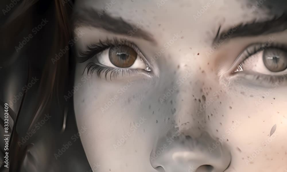 Freckles in the face of a beautiful woman, in the style of stark black-and-white photography. Introspection concept. 4K Animated.