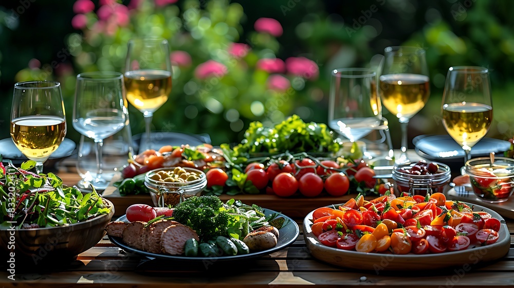 Vividly detailed shot of a garden meal on a rustic wooden table, featuring a spread of colorful summer dishes against the tranquil blur of a green garden, emphasizing the freshness.