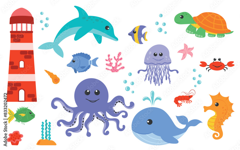 Fototapeta premium Set of cute sea animals. Turtle, octopus, whale drawn in cartoon style. Children illustration