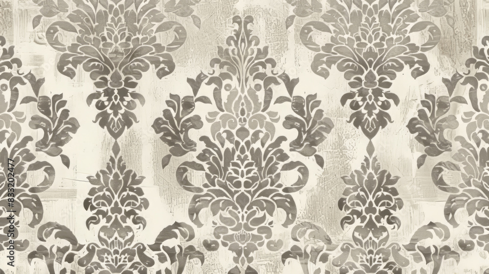 Fototapeta premium Vintage damask pattern on textured background. Elegant antique damask pattern in gray and white, perfect for adding a touch of sophistication to your designs.