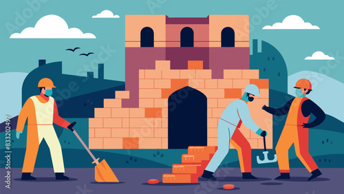 Clad in protective gear volunteers work tirelessly to repair the crumbling stone facade of an ancient castle working to preserve its unique. Vector illustration