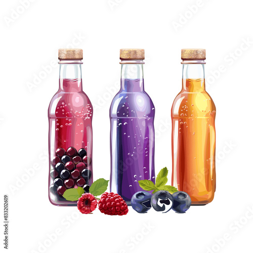 Three glass bottles filled with colorful liquids with berries