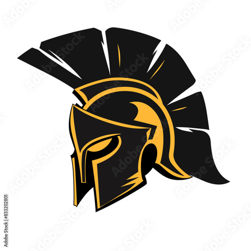 black and yellow Spartan helmet with a red plume