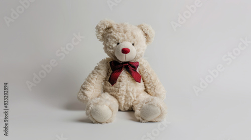 Teddy bear with red bow on white background. Classic teddy bear with a red bow, perfect for projects related to childhood, love, gifts, and more. © Lull
