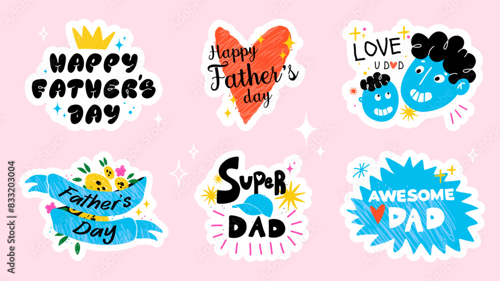 Happy Father’s Day stickers set. Hand drawn and texture cute elements for greeting and celebrate dad. Vector illustration.