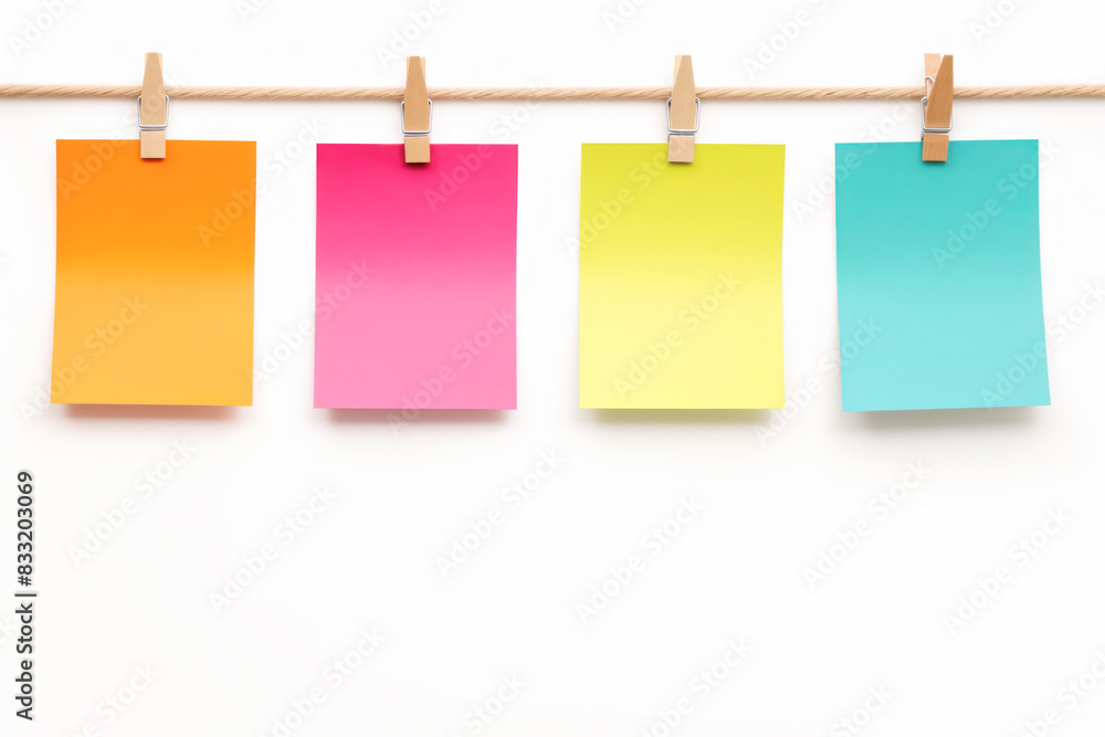 Colorful Sticky Notes on White Background. A vibrant arrangement of colorful sticky notes neatly placed on a white background, each held by matching clips. Colorful Sticky Notes on White Background. A vibrant arrangement of colorful sticky notes neatly placed on a white background, each held by matching clips.
