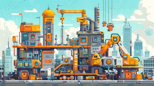 A pixelated vector illustration of a city under construction with a large crane lifting a steel beam into place.