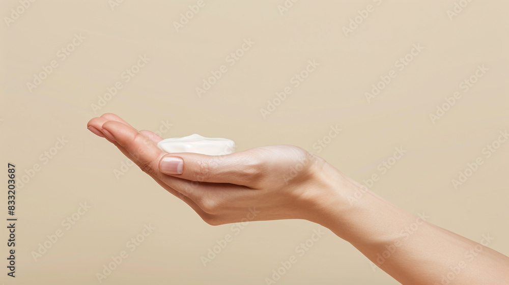 Almond white cream mockup held in a woman's hand, simple asymmetric clean design. Almond white cream mockup held in a woman's hand, simple asymmetric clean design.
