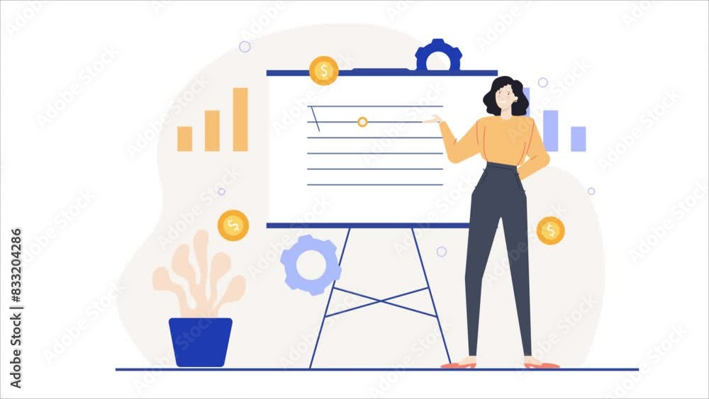a woman with statistic on slide isolated. business animated illustration. business animation video a woman with statistic on slide isolated. business animated illustration. business animation video