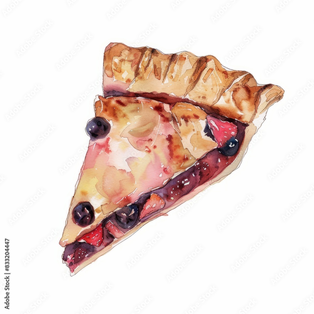 Watercolor painting of a triangular slice of pie with a flaky crust and fruity filling, on isolated white background, Generative AI Watercolor painting of a triangular slice of pie with a flaky crust and fruity filling, on isolated white background, Generative AI