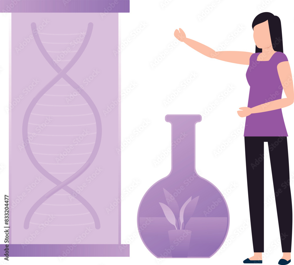 The girl is pointing at the structure of DNA. The girl is pointing at the structure of DNA.