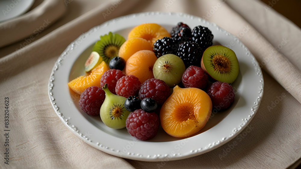 A platter of mixed summer fruits including figs, apricots, and blackberries, elegantly arranged on a white tablecloth A platter of mixed summer fruits including figs, apricots, and blackberries, elegantly arranged on a white tablecloth