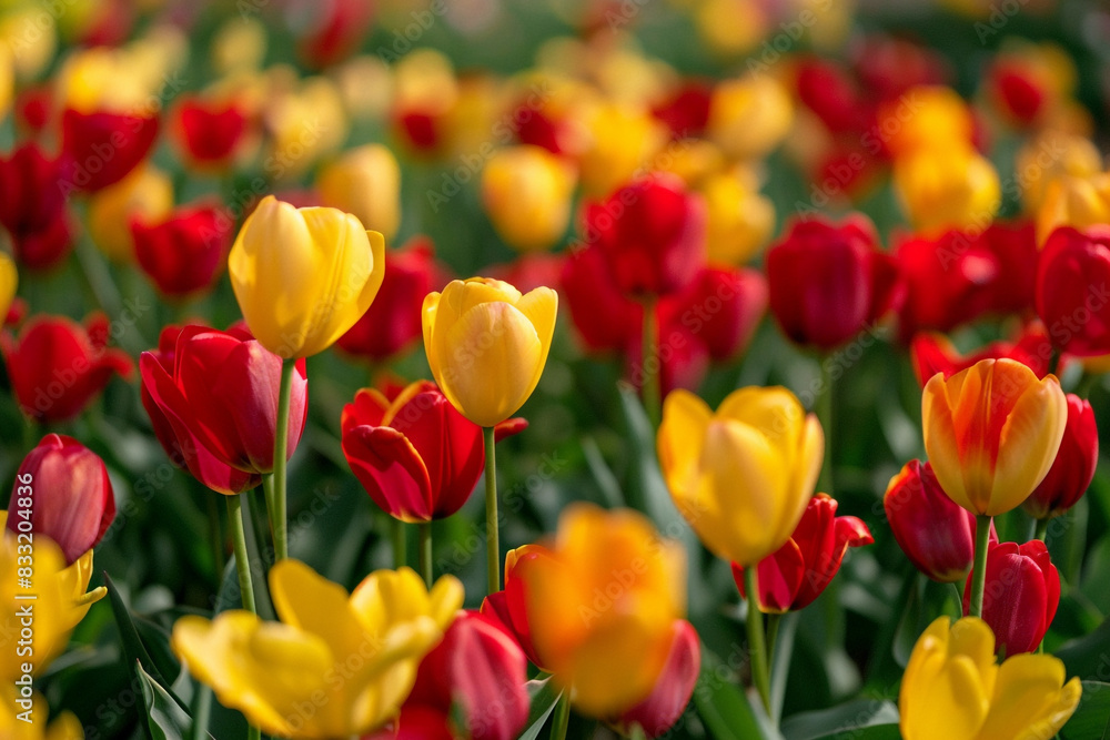 A field of red and yellow tulips, their colors intermingling like a painter's palette. A field of red and yellow tulips, their colors intermingling like a painter's palette.