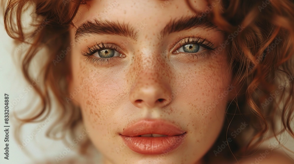 beautiful young woman with perfect skin, her face framed by soft curls beautiful young woman with perfect skin, her face framed by soft curls