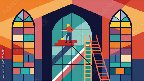 The scaffolding and ladders surrounding the installation site showcasing the careful and complex process of installing a stained glass window.. Vector illustration