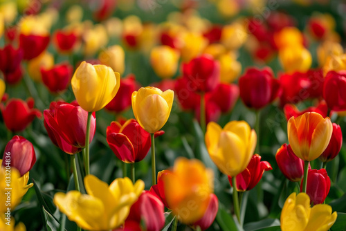 A field of red and yellow tulips, their colors intermingling like a painter's palette. photo