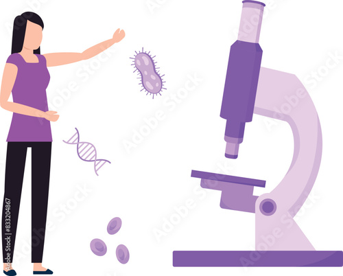 The girl is telling about the germs under the microscope.