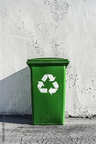  A lone green recycling bin stands against a stark white background