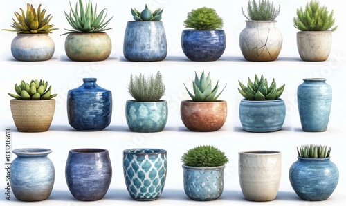 collection Set of different styles of retro vantage and modern vase and interior plants pots furniture cutouts isolated on white background - Generative AI