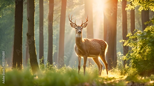 A graceful deer standing in a dense green forest, sunlight filtering through the tall trees, creating beams of light around it. photo