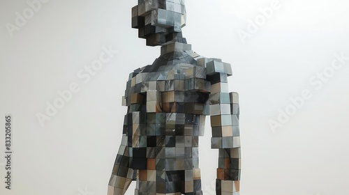 A man made of metal and metal pieces. The man is standing in the middle of a field photo