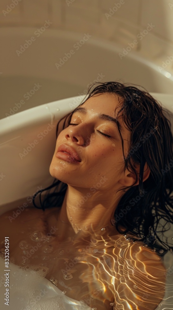 Obraz premium A woman is in a bathtub, looking relaxed and peaceful