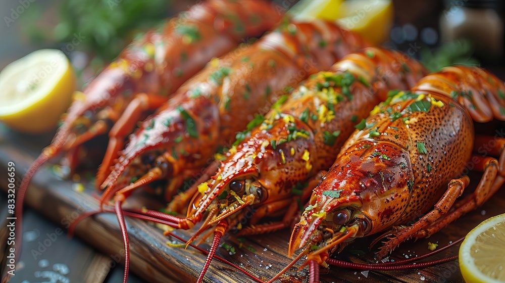 boiled craw fish on kitchen board with net and lemon slices close up photo boiled craw fish on kitchen board with net and lemon slices close up photo