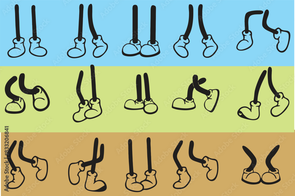 Cartoon legs set, funny cute comic feet icons for kids games or video designing. Cartoon legs, mascots in different positions and funny cartooned actions artwork. Editable vector, eps 10.