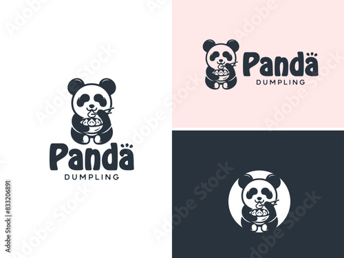 A cute panda sitting eating dimsum dumpling gyoza jiaozi shumai xiao long bao mandu from bowl with chopsticks. Mascot logo design for asian chinese korean japanese oriental cuisine restaurant.