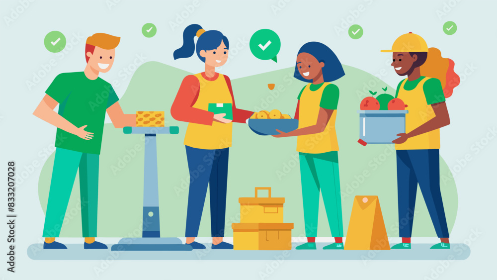 Volunteers working together to weigh and measure food donations to ensure equal distribution in the packages.. Vector illustration Volunteers working together to weigh and measure food donations to ensure equal distribution in the packages.. Vector illustration