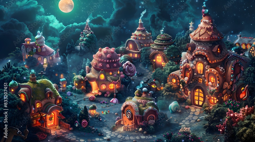 Whimsical fantasy village at night under a full moon, with glowing windows and magical atmosphere. Whimsical fantasy village at night under a full moon, with glowing windows and magical atmosphere.
