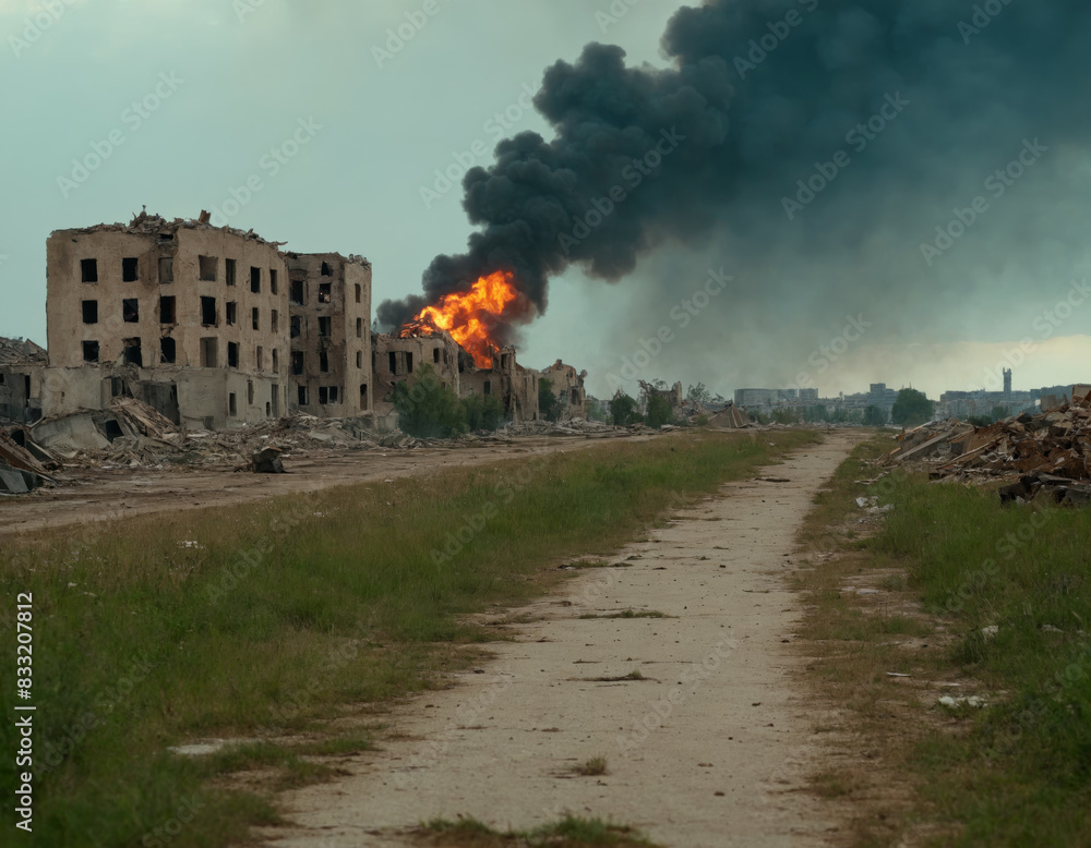 Naklejka premium Burning Buildings with Thick Black Smoke in War-Torn Urban Area