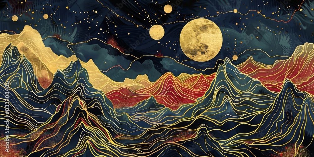 Obraz premium Golden Abstract Mountainscape Art Nouveau Japandi Lines
