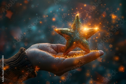 Heavenly Star Held in Outstretched Hand Radiating Celestial Glow and Mystical Wonder