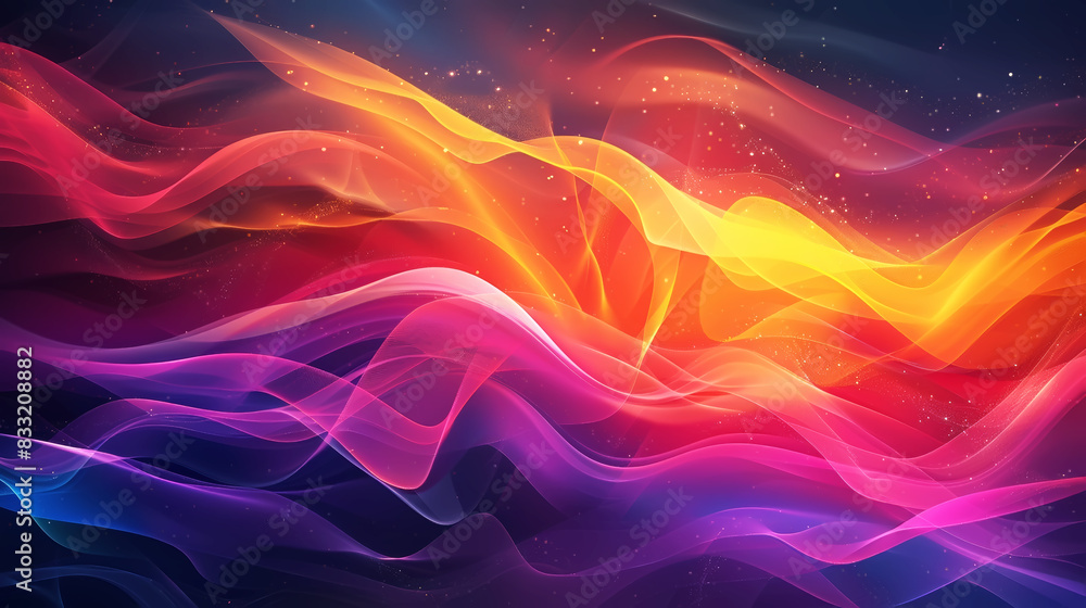 Abstract digital art with flowing colorful waves in red, orange, yellow, purple, and pink on a dark background Abstract digital art with flowing colorful waves in red, orange, yellow, purple, and pink on a dark background