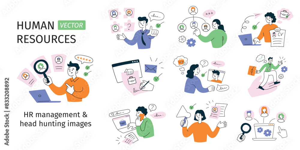 HR and recruitment set, employees searching for job, hiring candidates, vector illustrations of job interview, cv, human resources management, cartoon people head hunting and team building HR and recruitment set, employees searching for job, hiring candidates, vector illustrations of job interview, cv, human resources management, cartoon people head hunting and team building