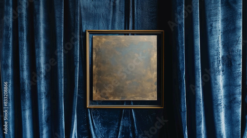 Square bronze frame in a gallery with navy blue velvet curtains, elegant setting.