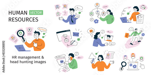 HR and recruitment set, employees searching for job, hiring candidates, vector illustrations of job interview, cv, human resources management, cartoon people head hunting and team building