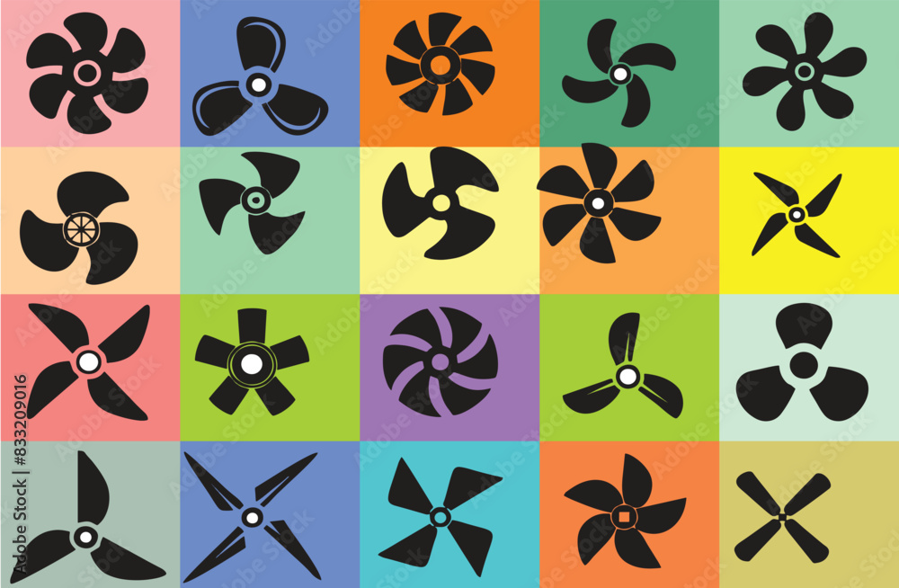 Propellers silhouette set. Turbine rotary turbulence airplanes, ventilation fan icons. Electric fan blade, airplane turbine and engine cooling system. Editable vector, eps 10.
