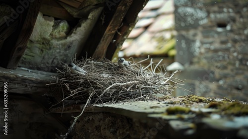 A swallows nest is beneath the roof photo