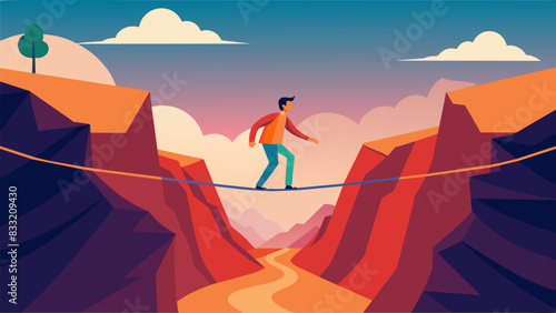 A slackliner walking on a virtual line suspended high above a virtual canyon sharpening their focus and balance for their next daring slacklining. Vector illustration